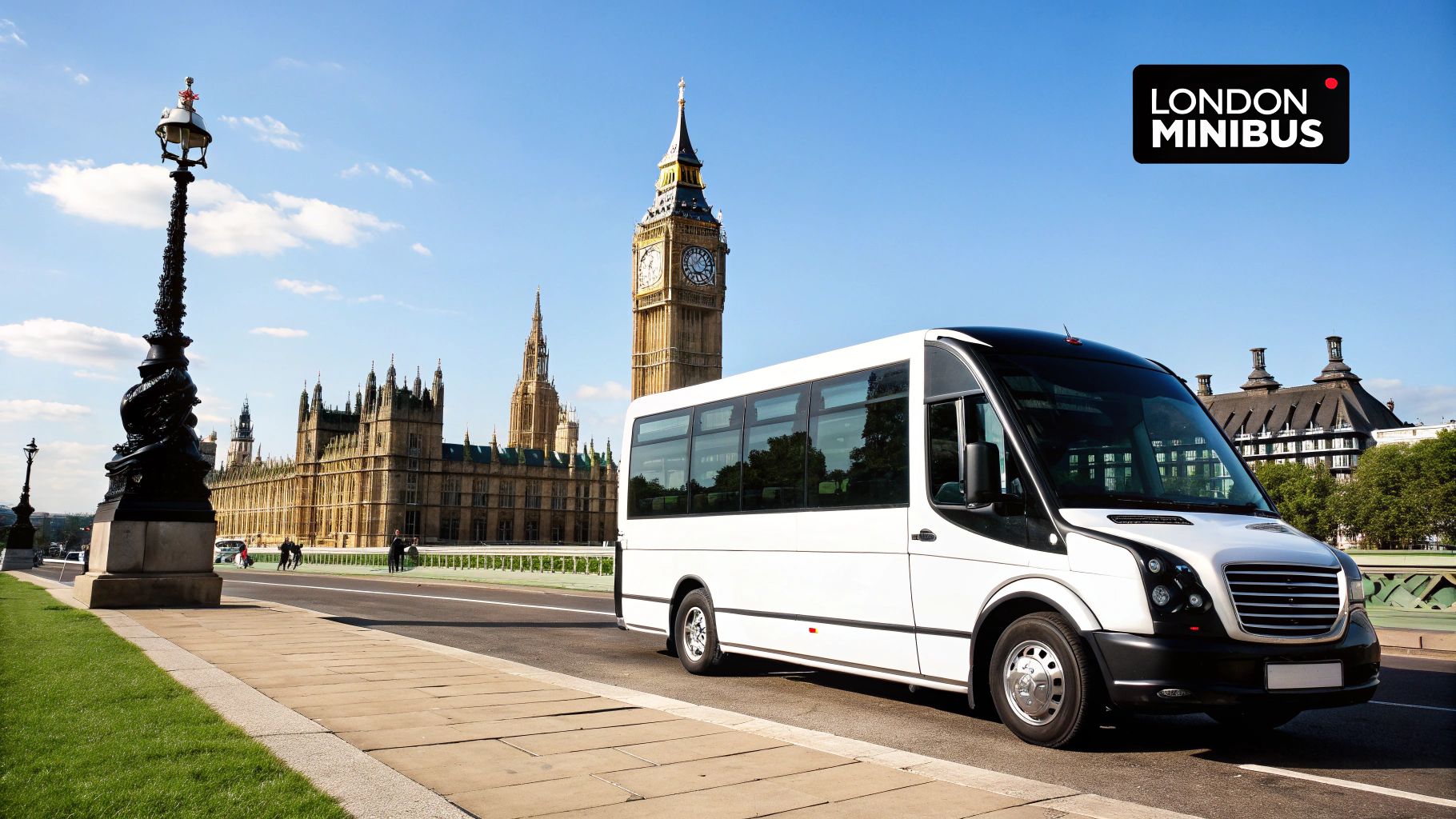 A modern white minibus parked on a quiet street in London, ready for a group trip.