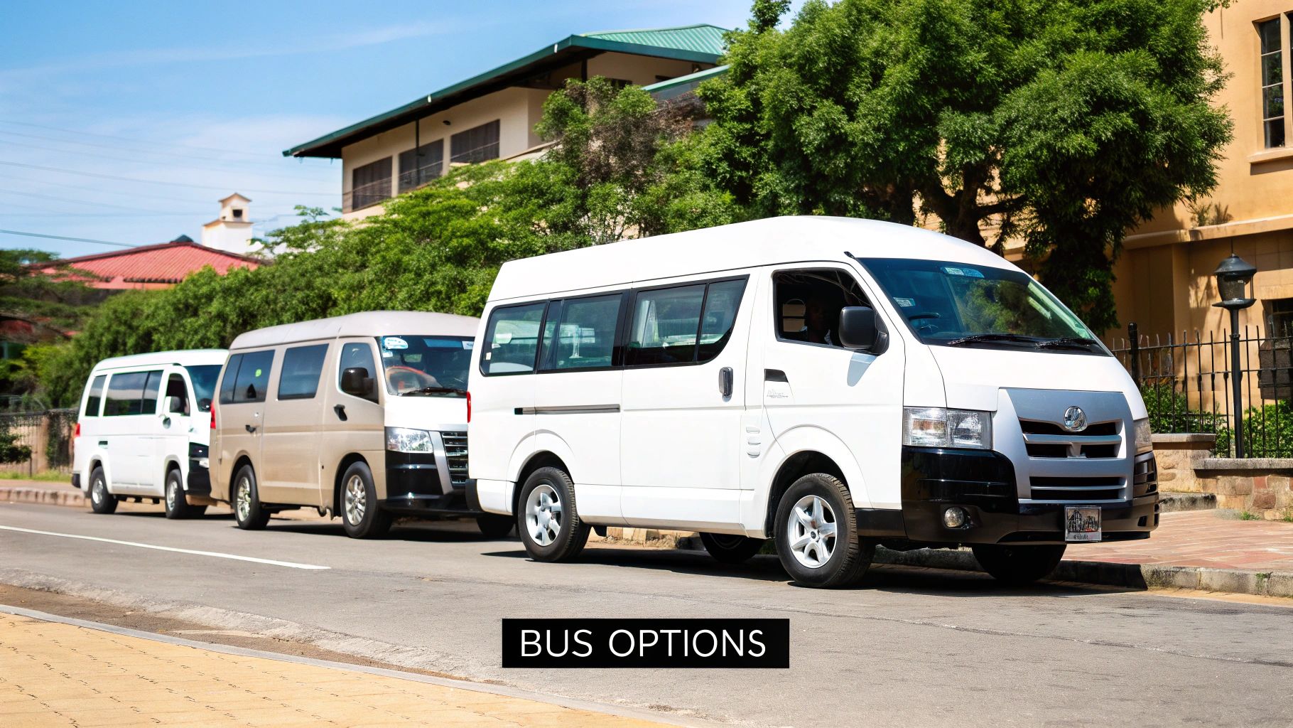 A person using a calculator with a modern minibus in the background, symbolising budgeting for travel