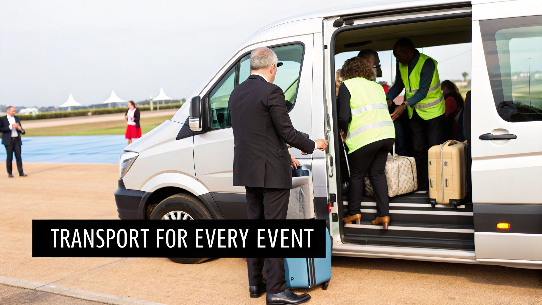 A stylish minibus parked outside a grand wedding venue in London.