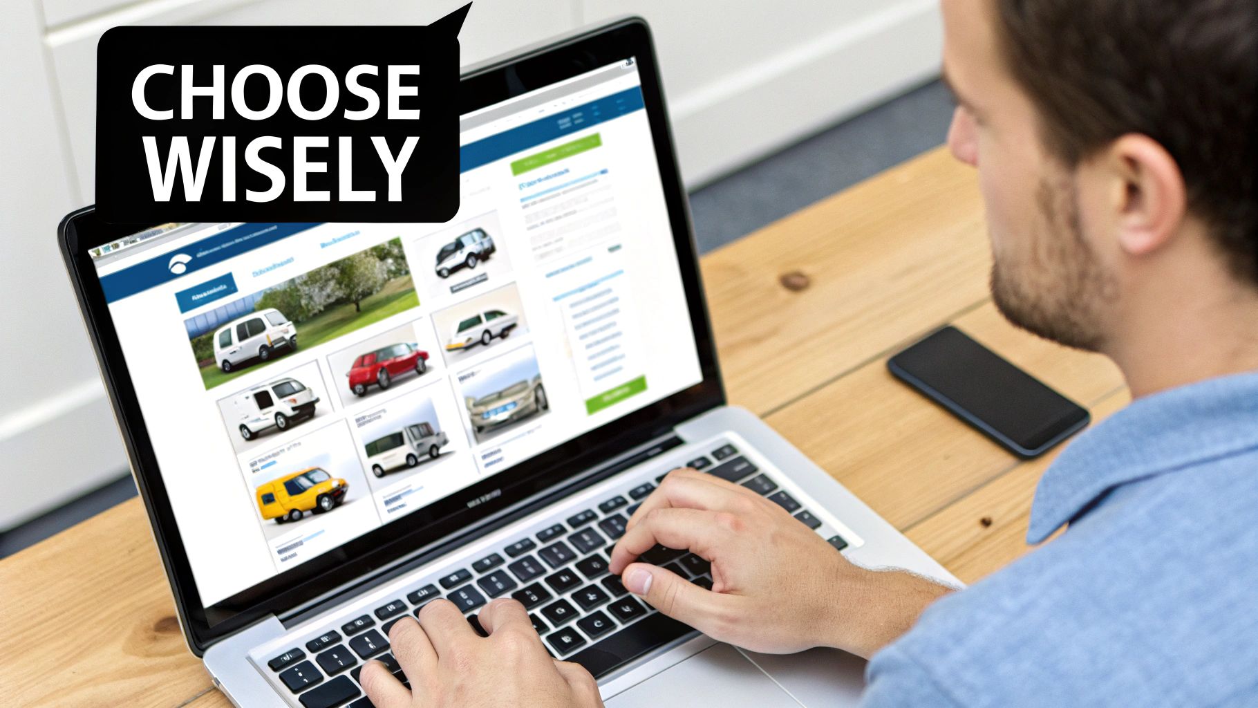 A person using a smartphone to book a minibus, with a calendar and map icons in the background.