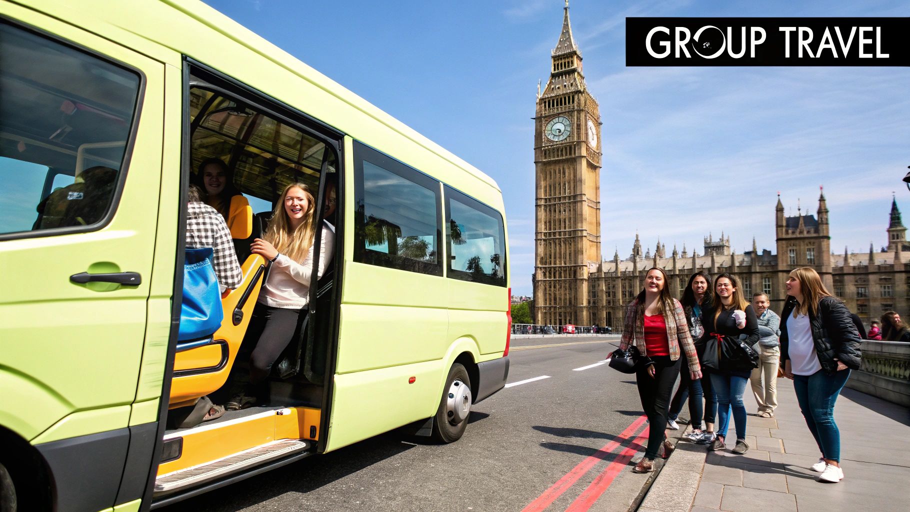 A group of friends happily getting out of a 12-seater minibus in a London street.