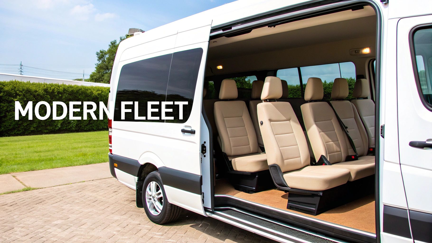 A modern, clean 16-seater minibus ready for a journey in London