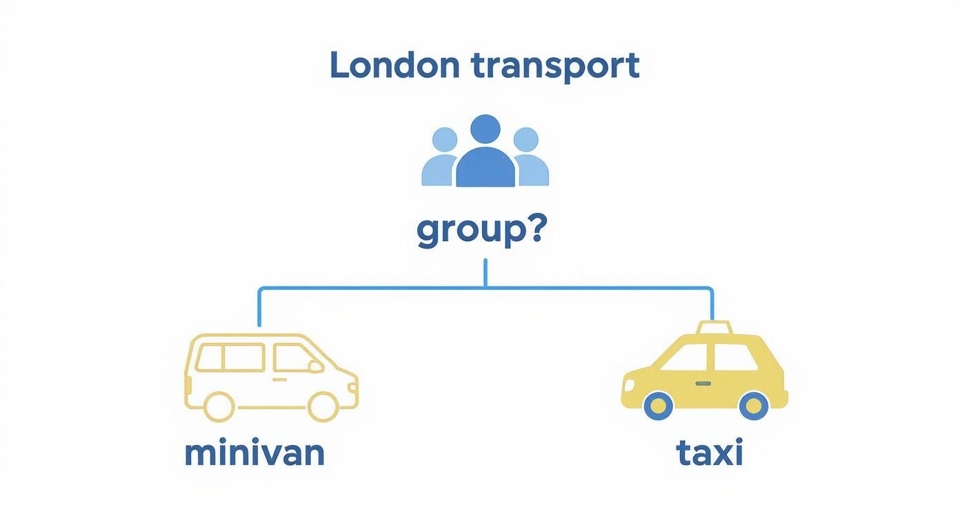 A decision tree infographic showing why a minivan is the best London transport for groups, from West London Minibus Hire.