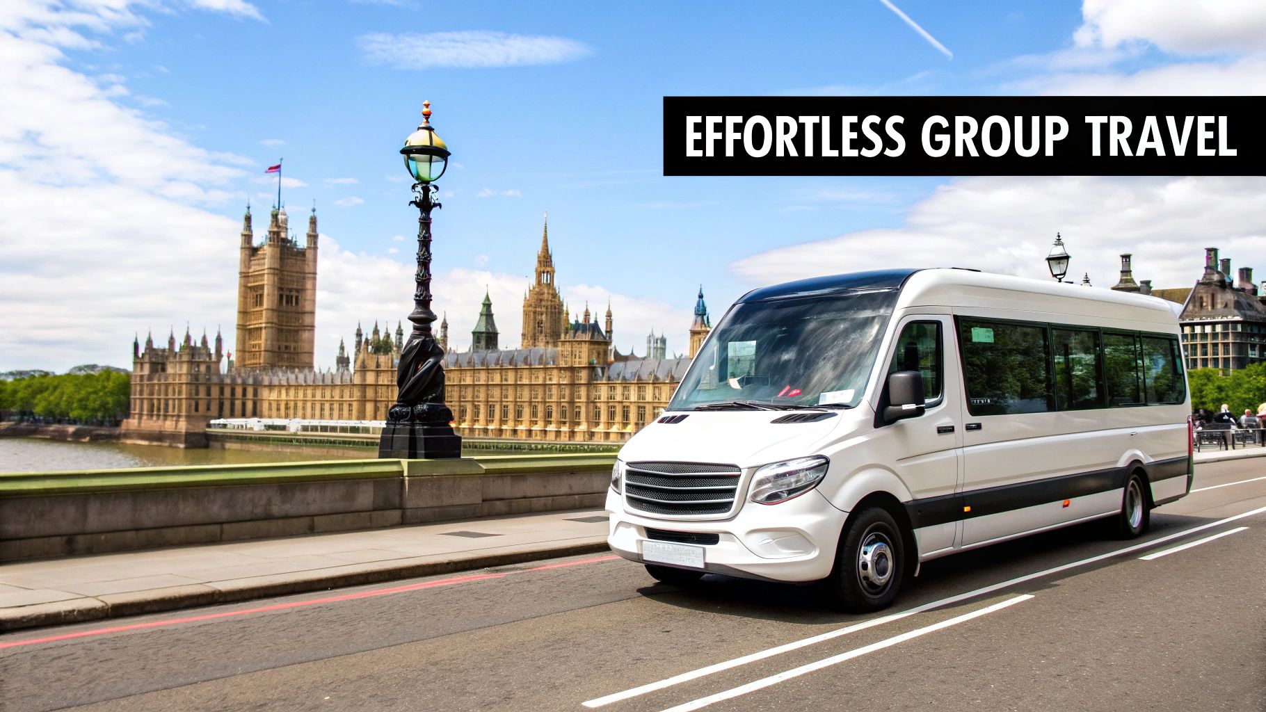 Group of friends happily travelling together in a modern minibus in London