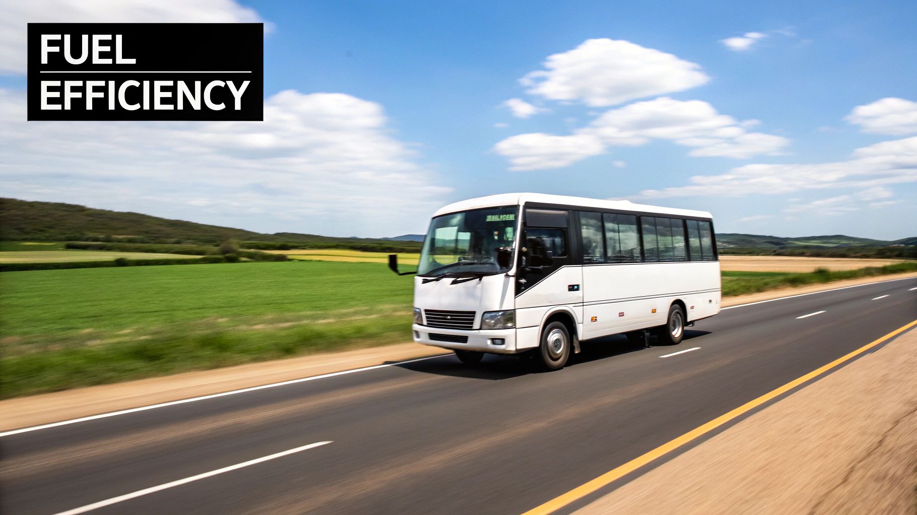 A group of happy passengers boarding a 20-seat mini bus.