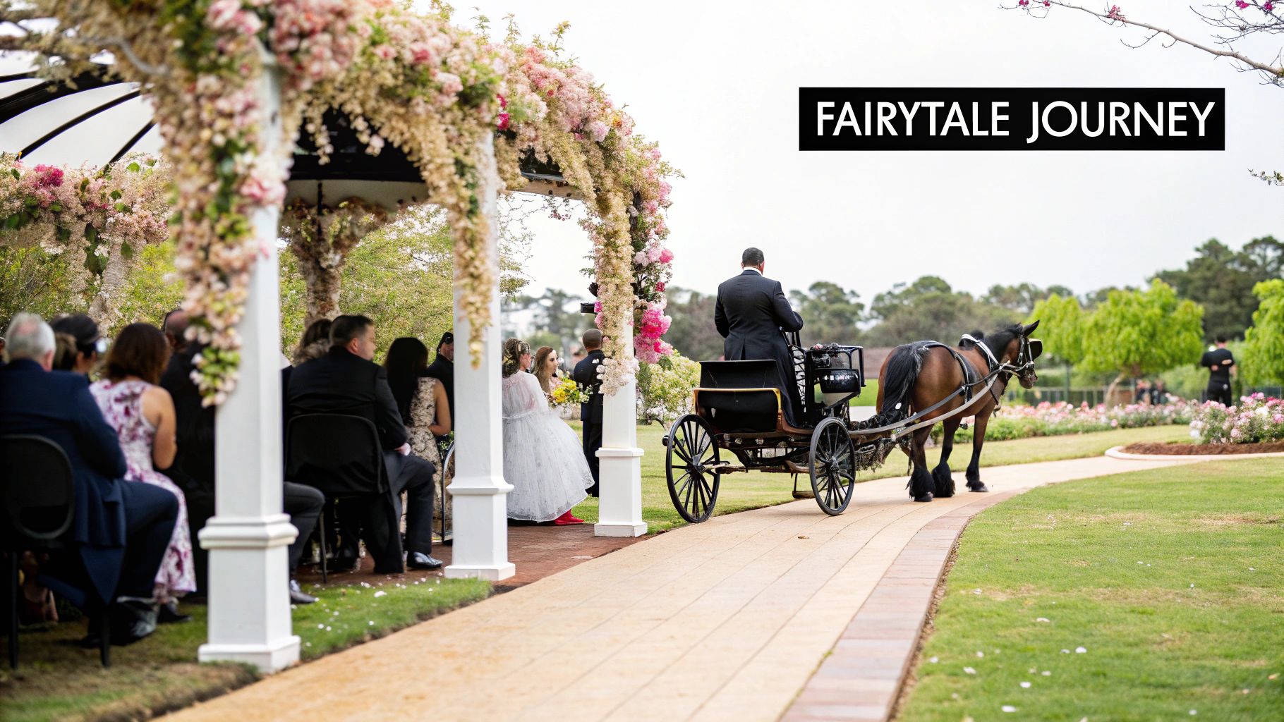 A white horse-drawn carriage waiting in a park for a wedding.