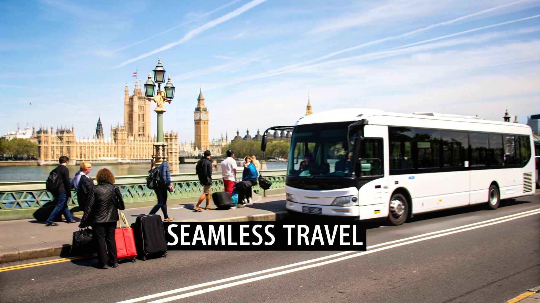 A modern white minibus parked on a London street with a professional driver standing next to it.