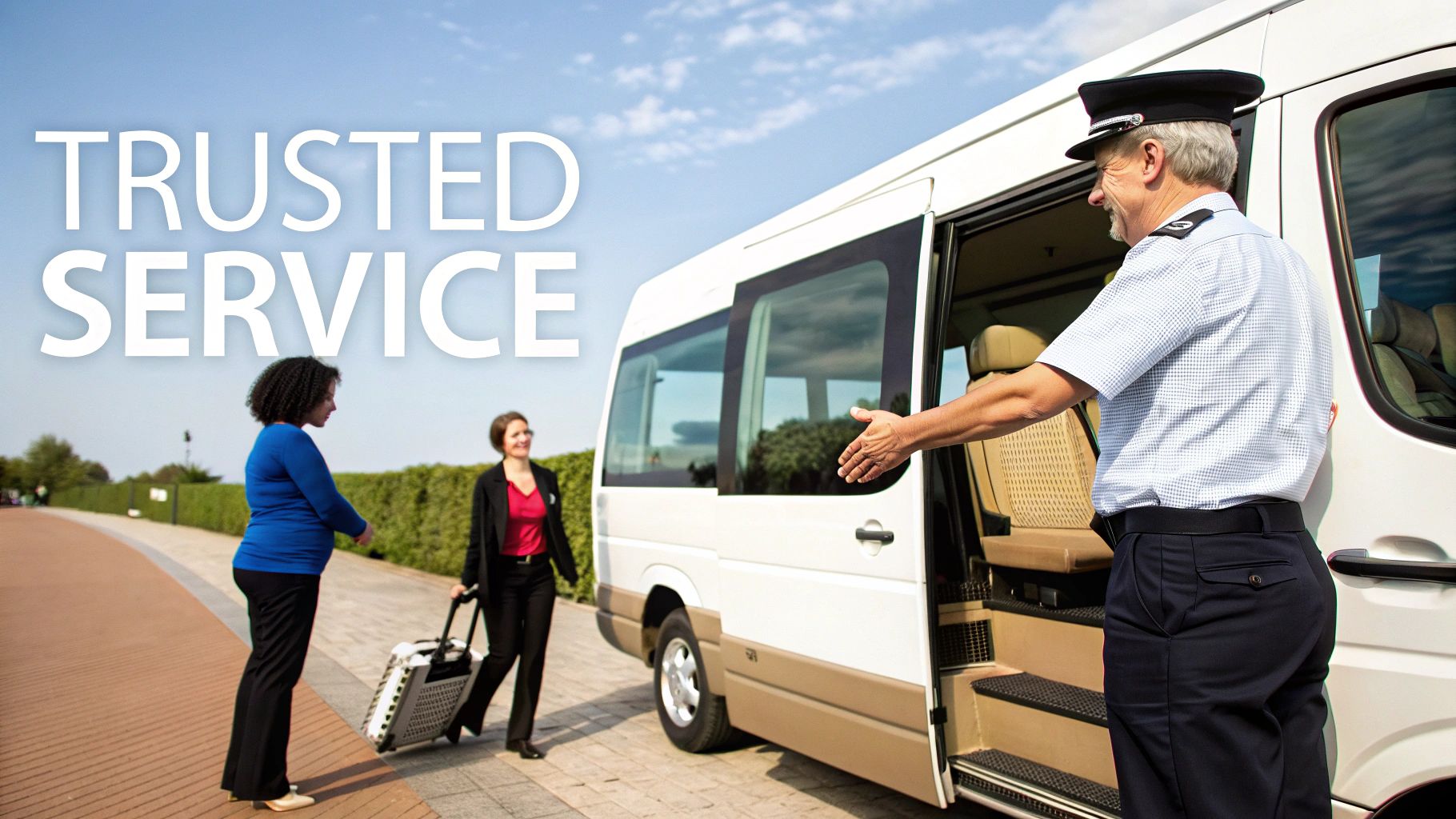 A friendly customer service agent with a headset on, smiling and answering questions about minibus hire