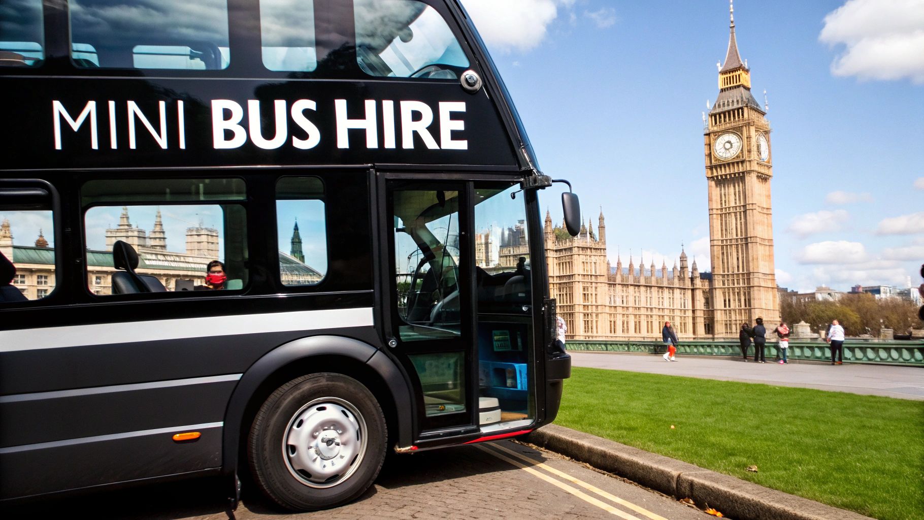 A group of friends happily boarding a clean, modern minibus in London
