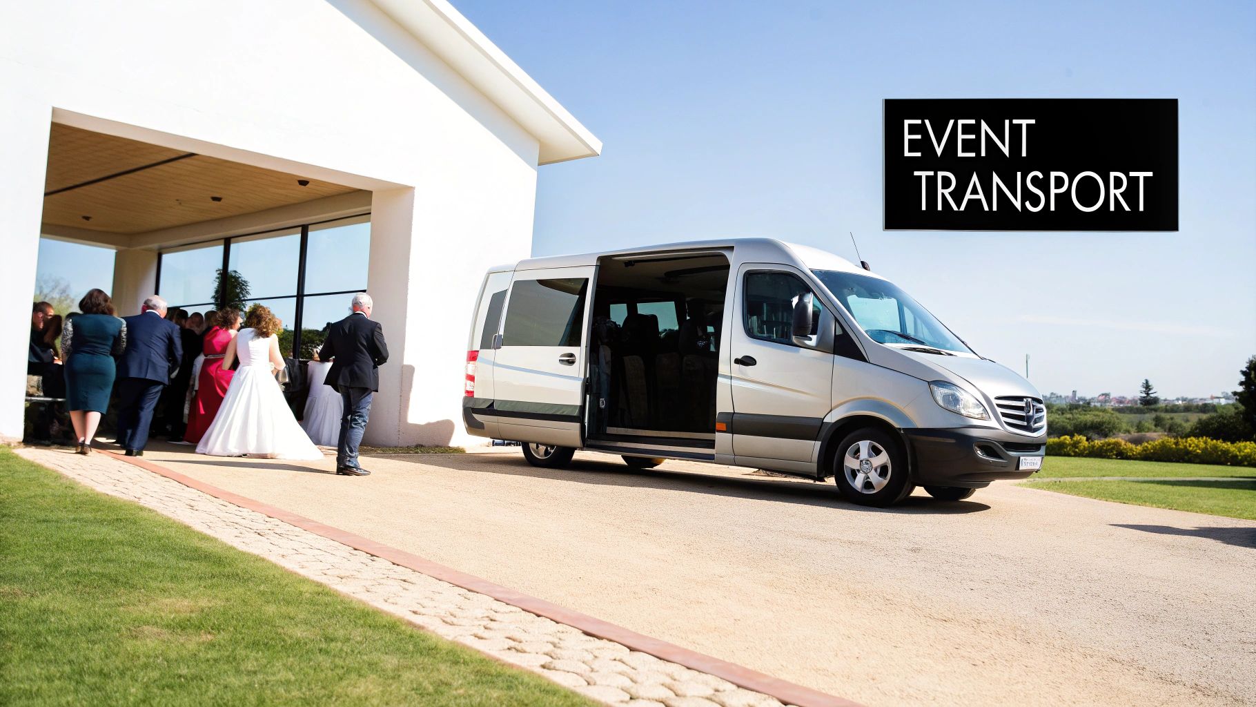A wedding party stands in front of a minibus. Title: Elegant Wedding Minibus London Hire. Alt: A stylishly dressed wedding party smiling in front of a decorated minibus, provided by West London Minibus Hire for their special day.