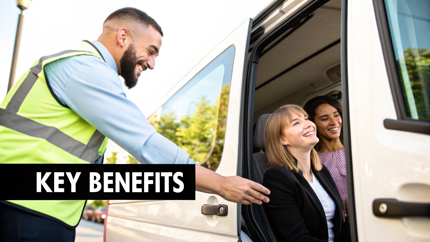 A group of smiling friends enjoying their journey inside a modern minibus