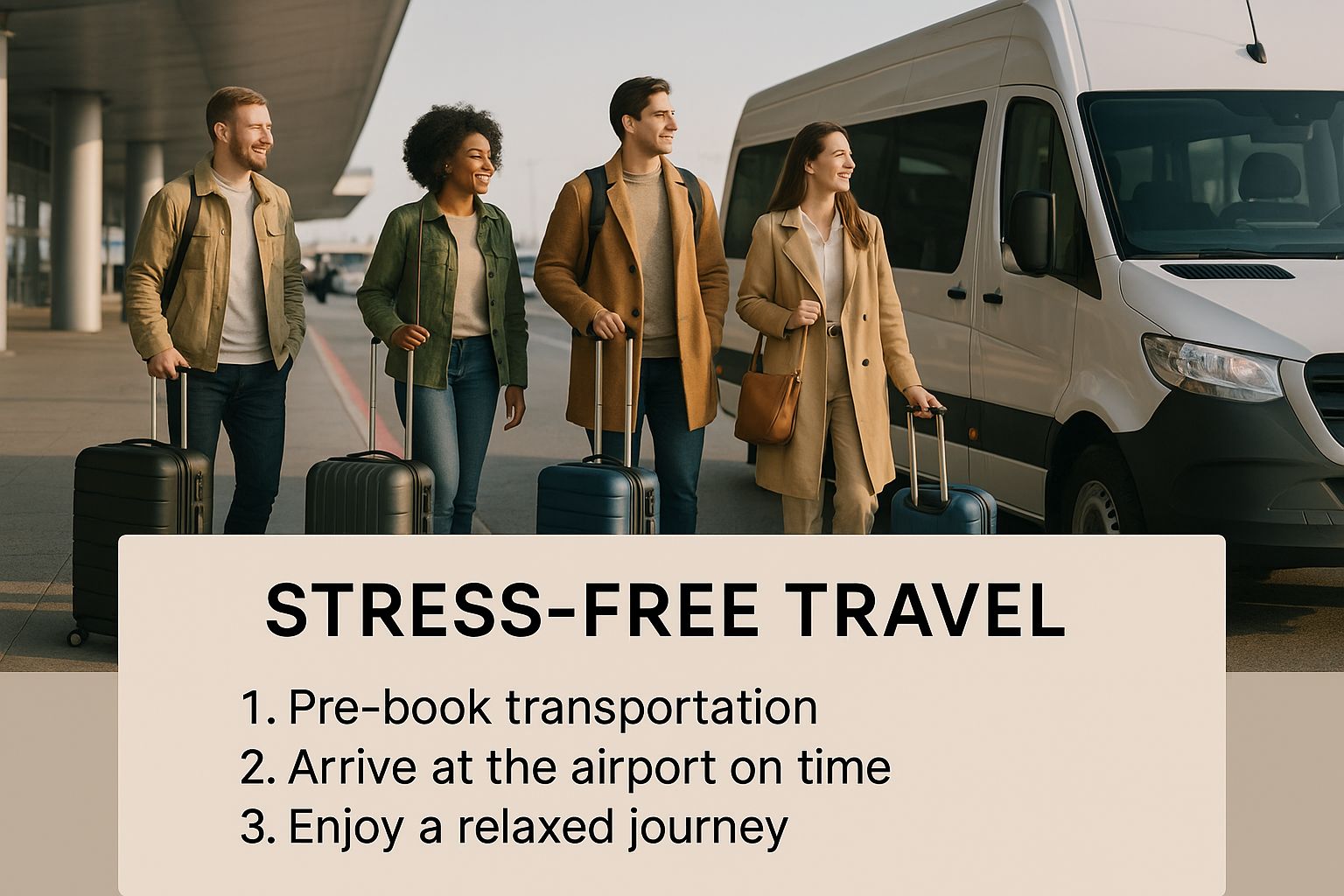Infographic showing a group of travelers with luggage next to a minibus, with the text 'Stress-Free Travel'