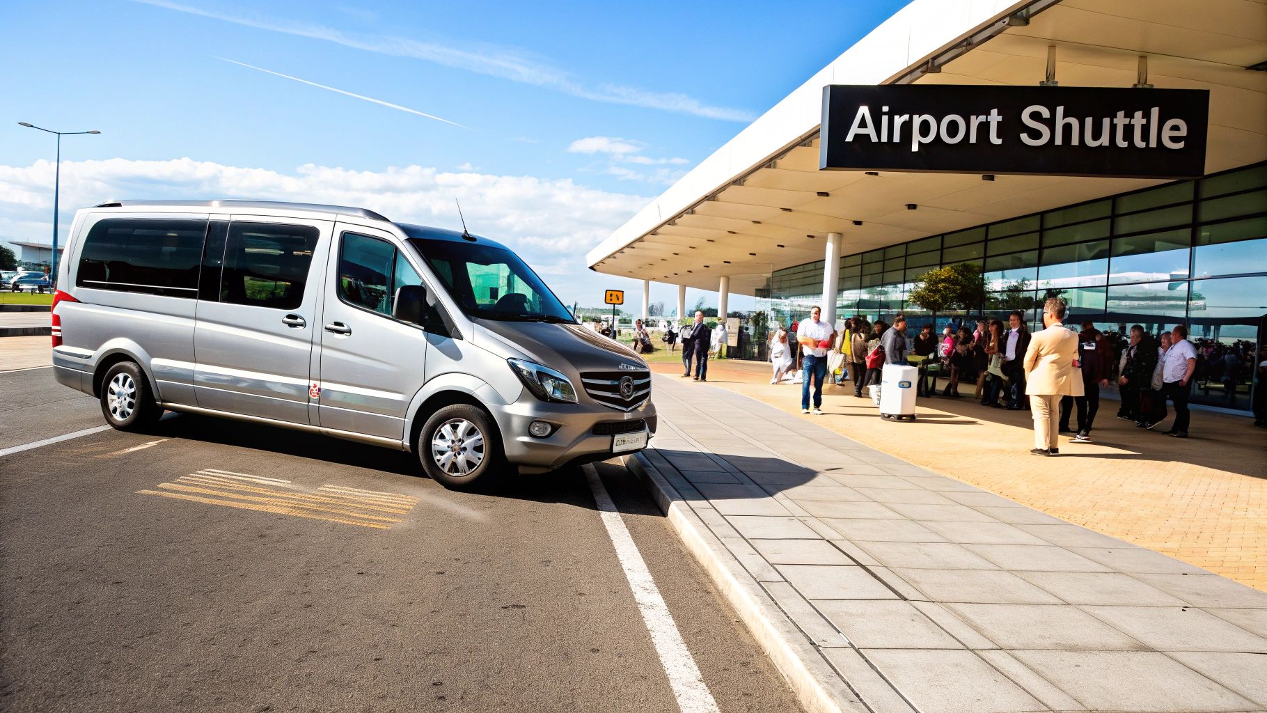 Group of people exiting a minibus at the airport.