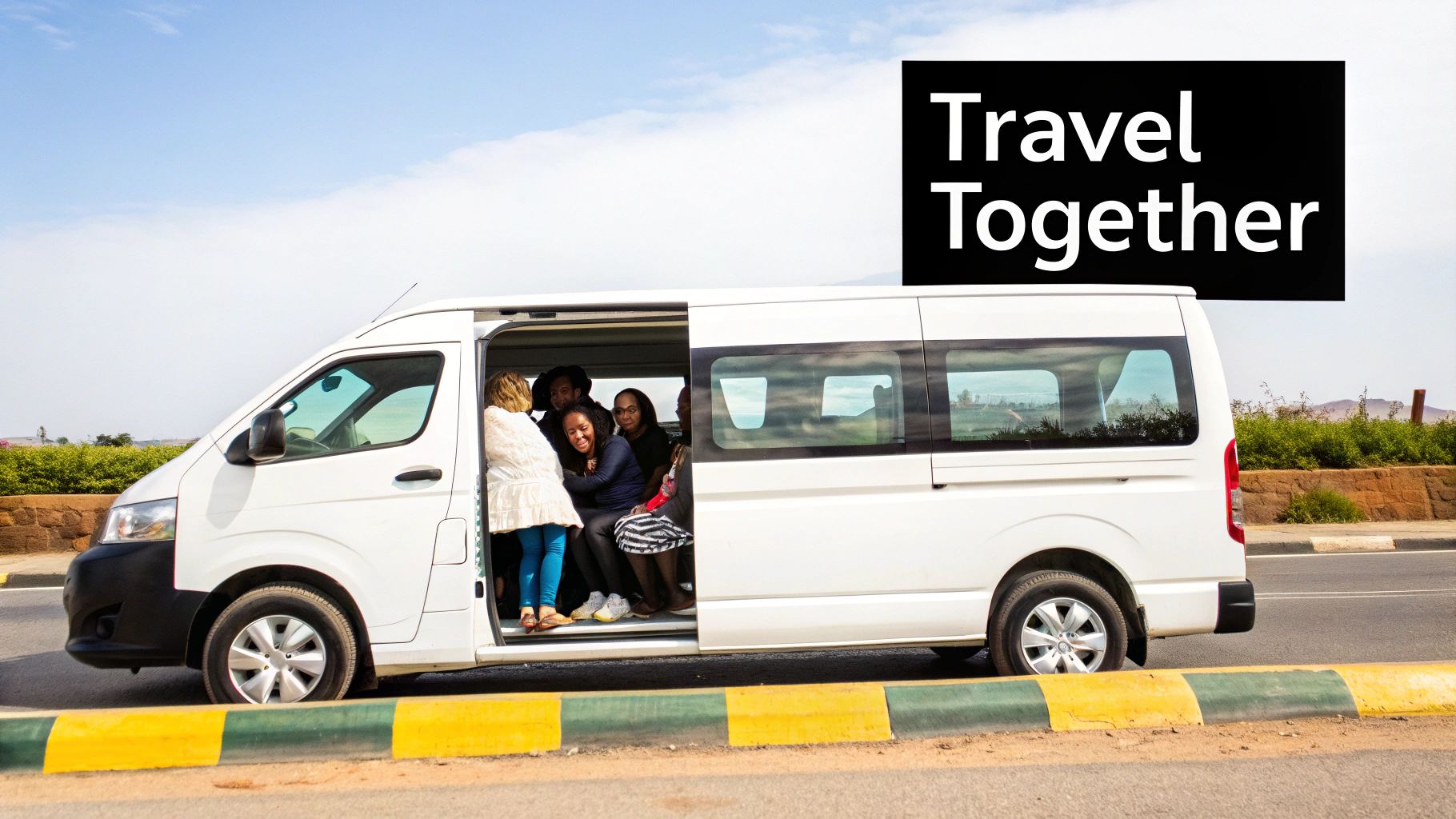 Group of friends happily boarding a 10 seater minibus