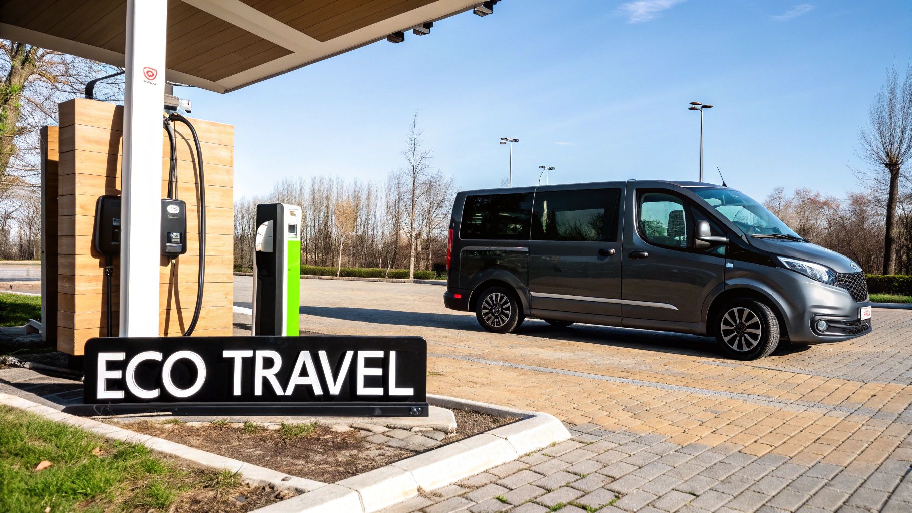 A group of friends laughing and talking in front of a modern minibus in London.