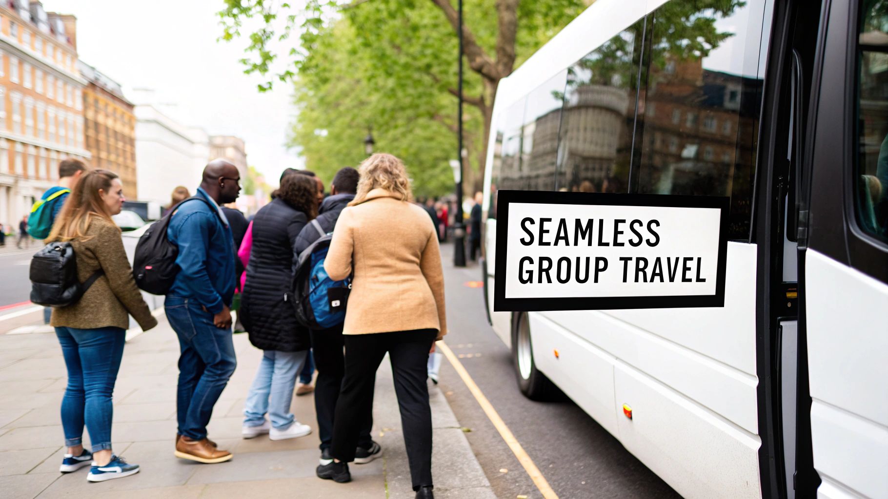 A modern white minibus driving through a London street with iconic buildings in the background.