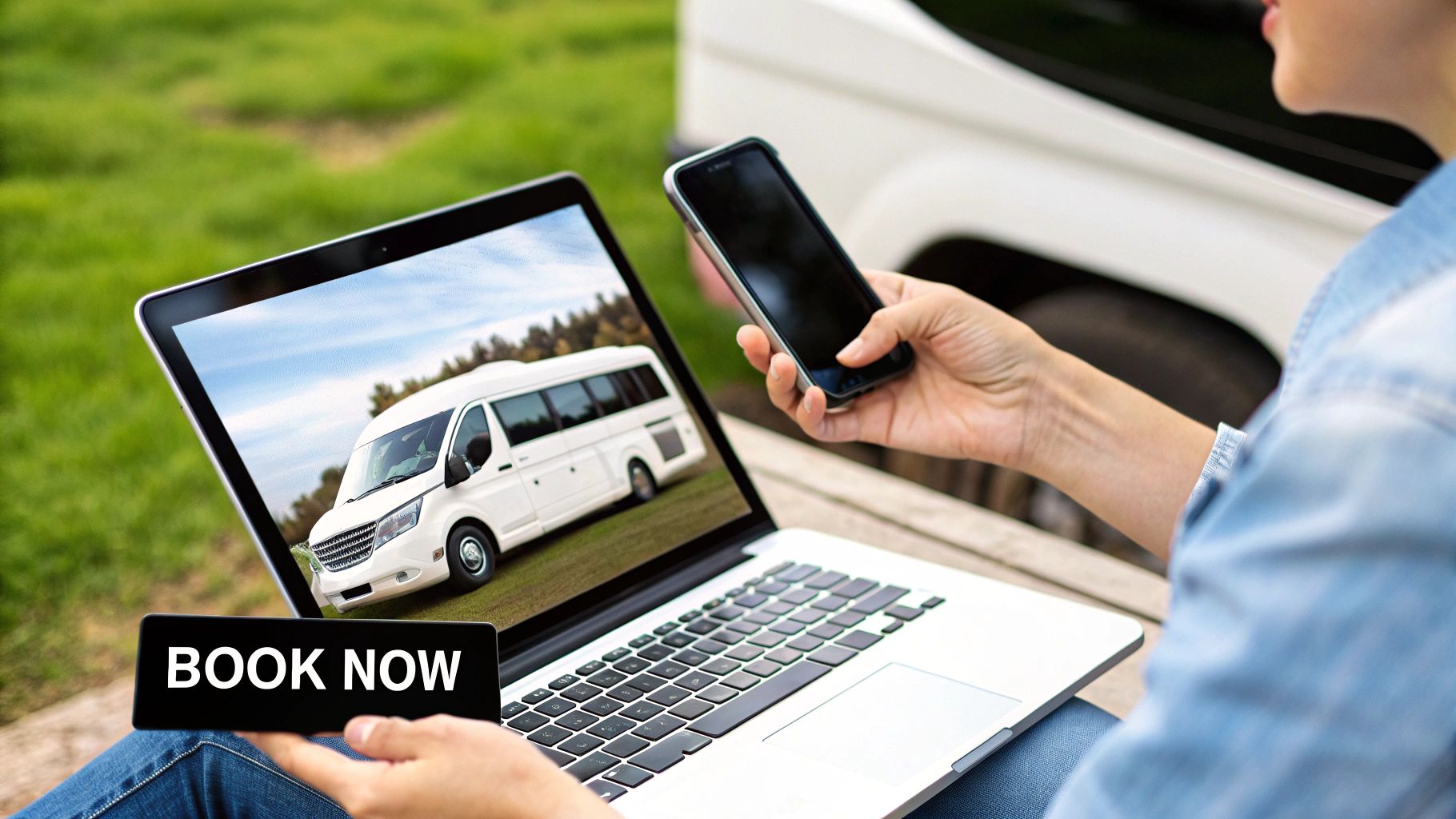 A person using a laptop to book a minibus hire service online, with a calendar and map visible.