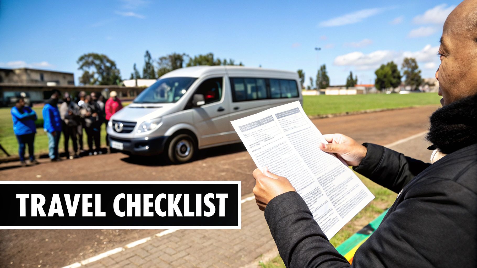 Group checking their travel details on a phone before boarding a minibus