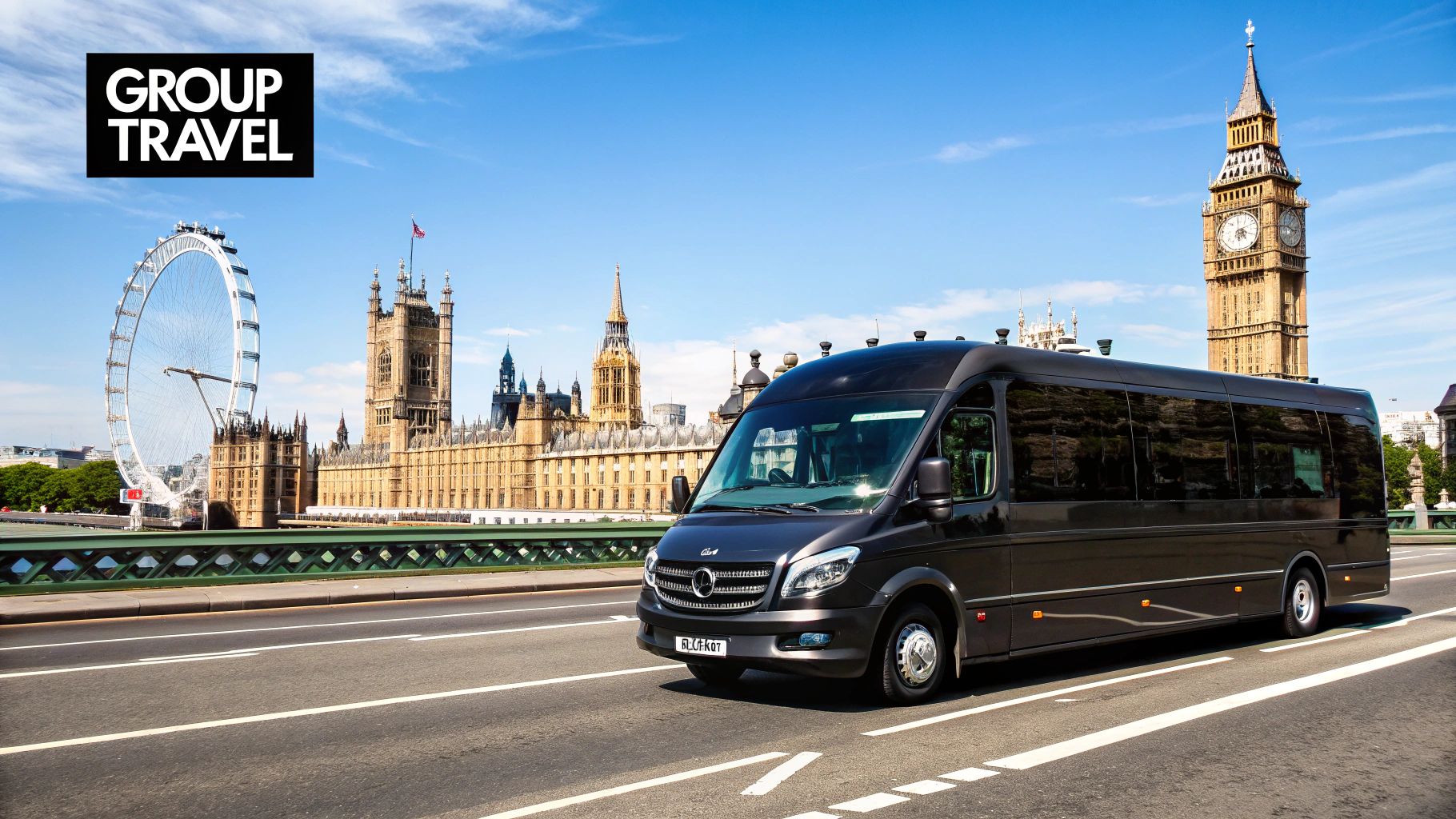 A white minibus driving through a London street with classic architecture