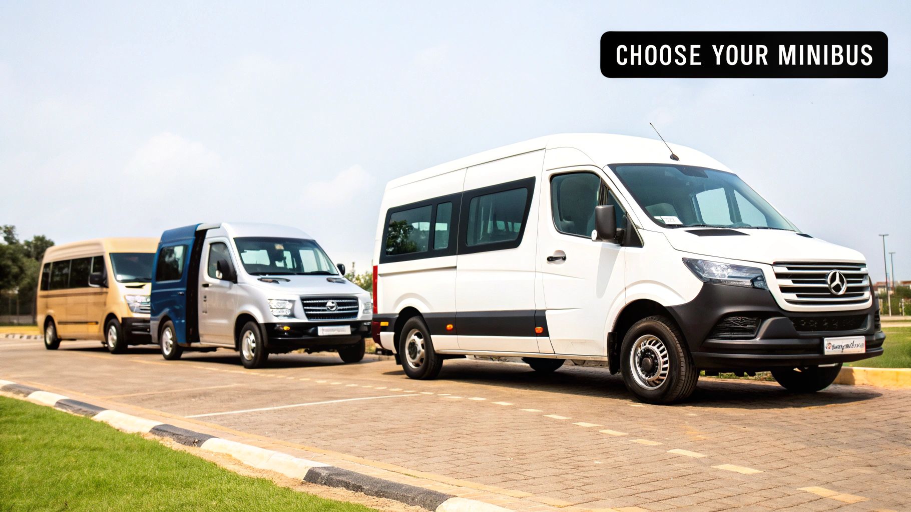 A group of smiling friends standing in front of a modern minibus, ready for their trip.