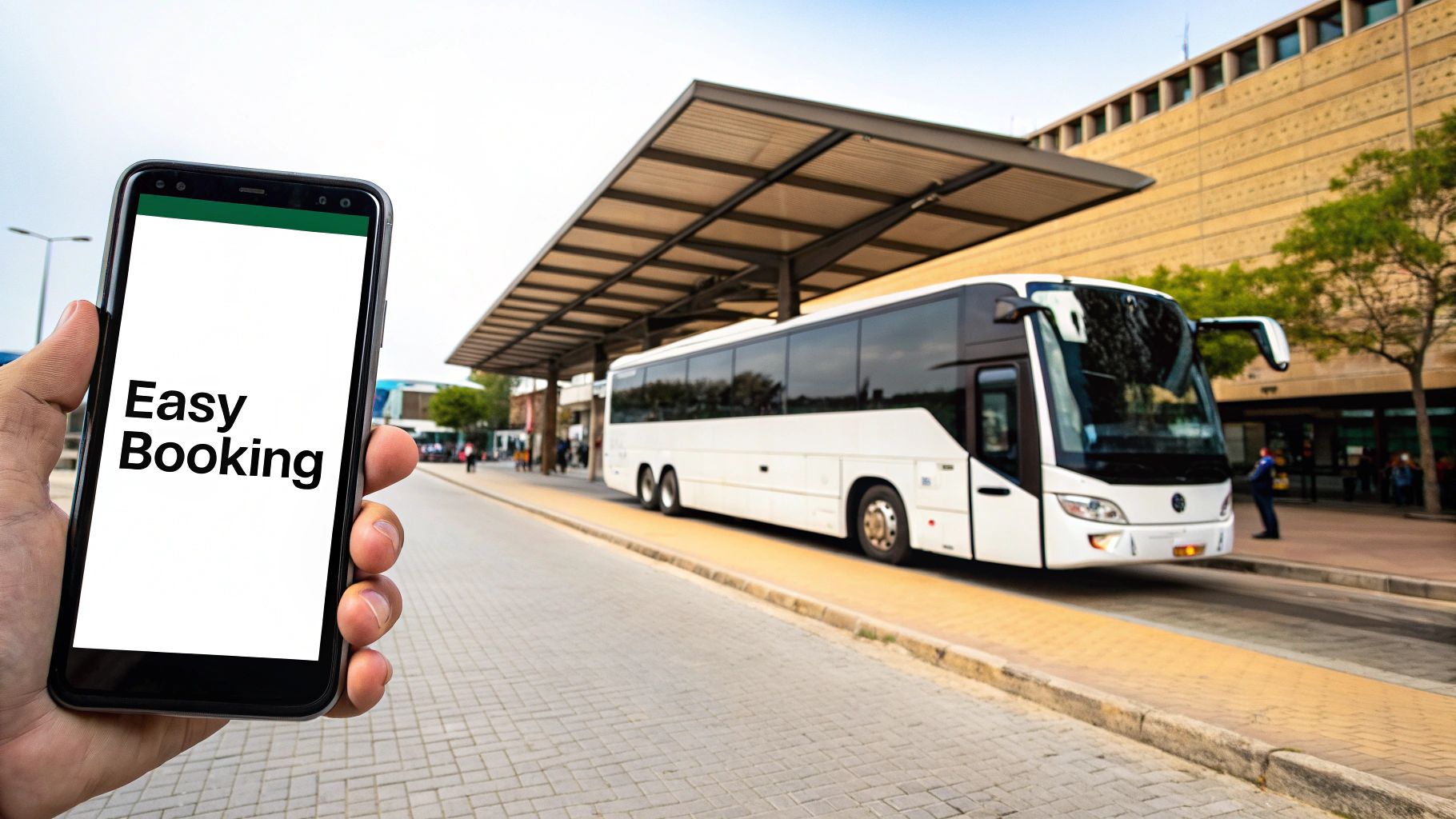 A person with a question mark thought bubble looking at a coach bus on a street.