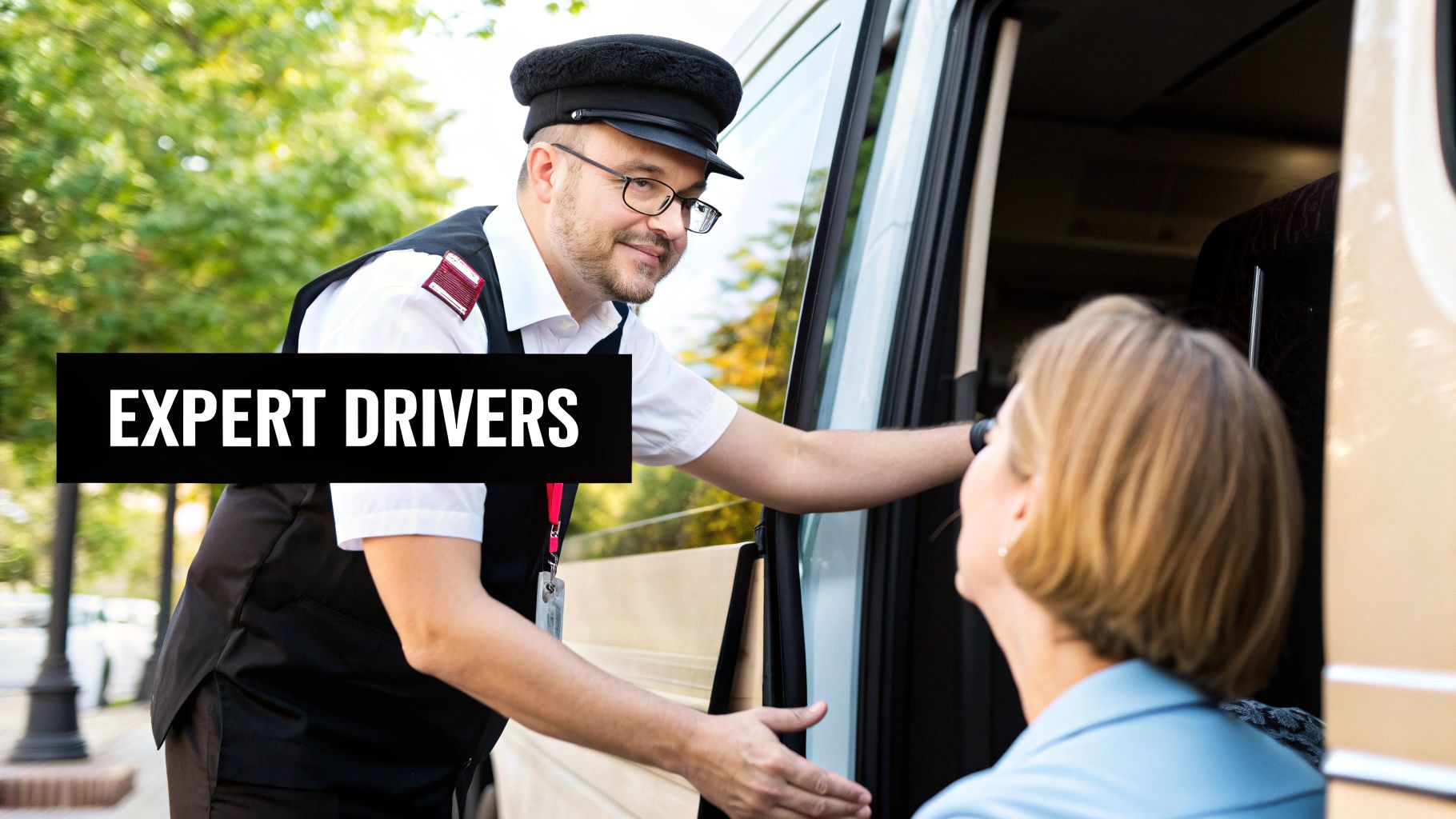 A professional and friendly minibus driver smiling from the driver's seat.