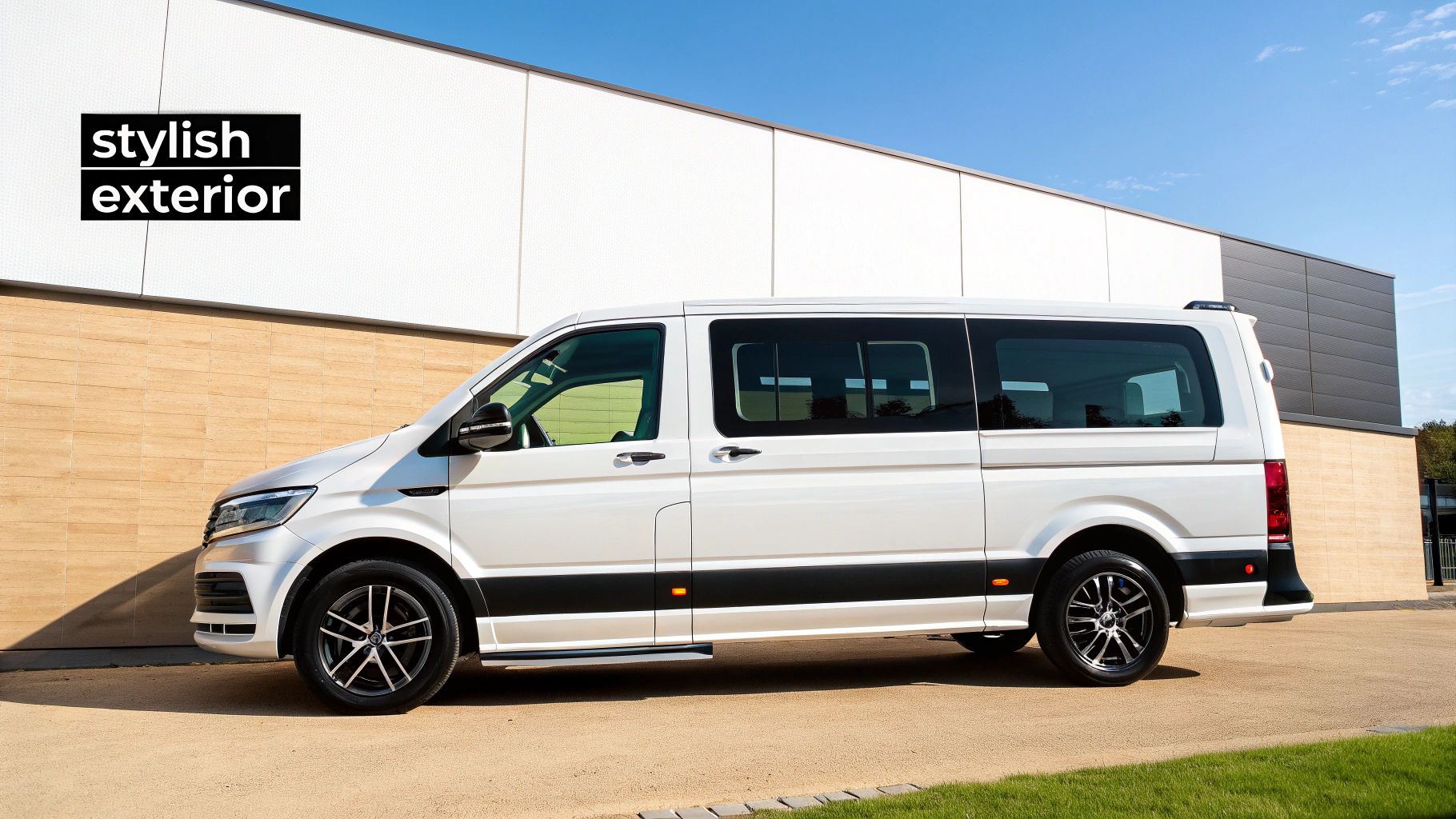 A person using a calculator with a 10-seater minibus in the background, symbolising cost calculation.
