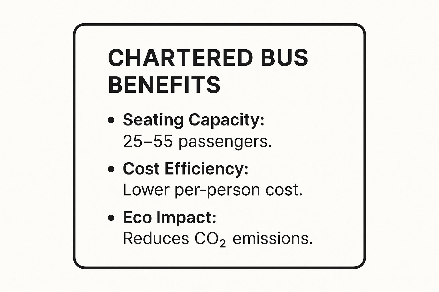 Infographic showing key data about Chartered Wedding Guest Buses with three points: Seating Capacity, Cost Efficiency, and Eco Impact.