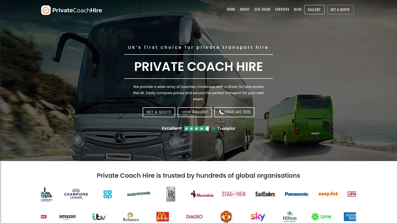 PrivateCoachHire.co.uk website homepage