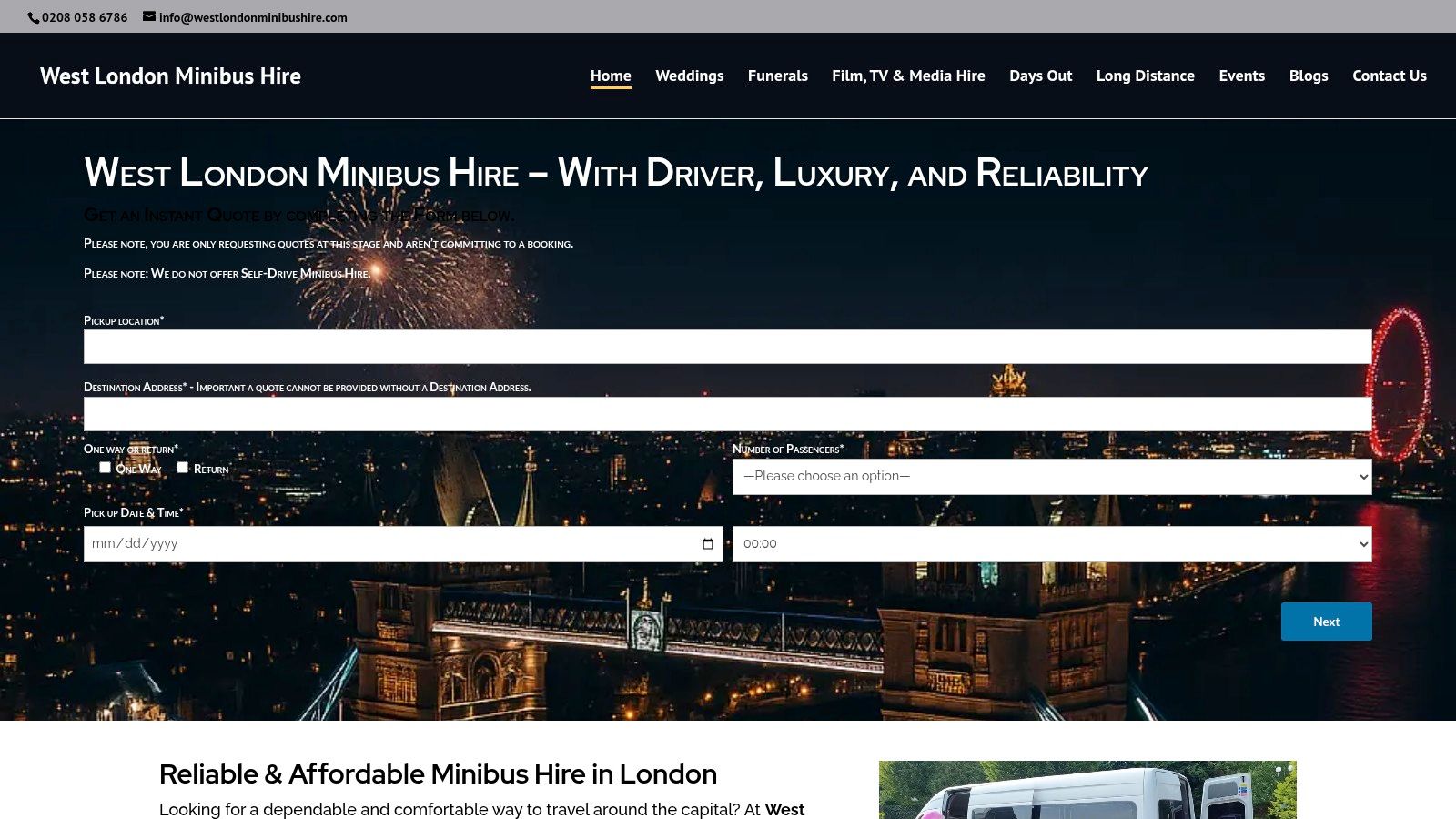 West London Minibus Hire website homepage featuring a modern minibus