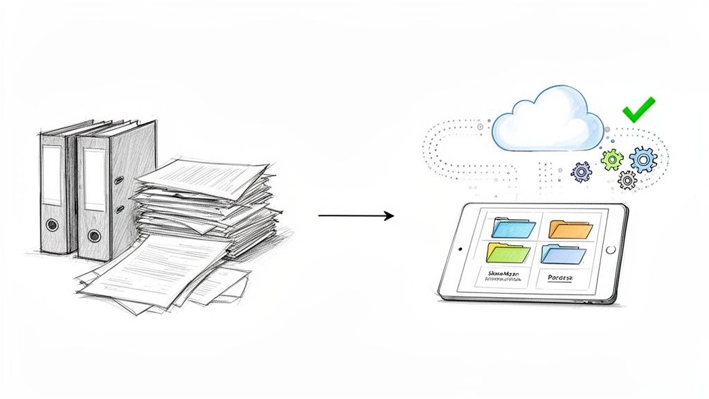 Sketch illustrating the digitization of physical documents into cloud storage accessible on a tablet.