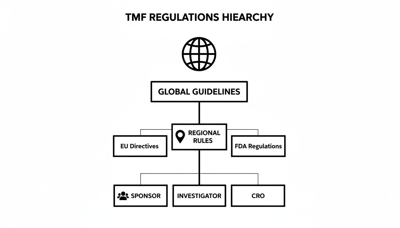 Diagram illustrating the hierarchical structure of TMF regulations, from global guidelines to regional rules and stakeholders.