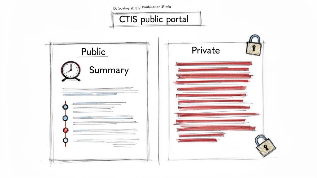 A visual showing public summary data versus private, secured information in a CTIS portal.