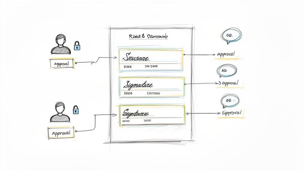 Diagram illustrating a secure digital signature and approval workflow with multiple users.