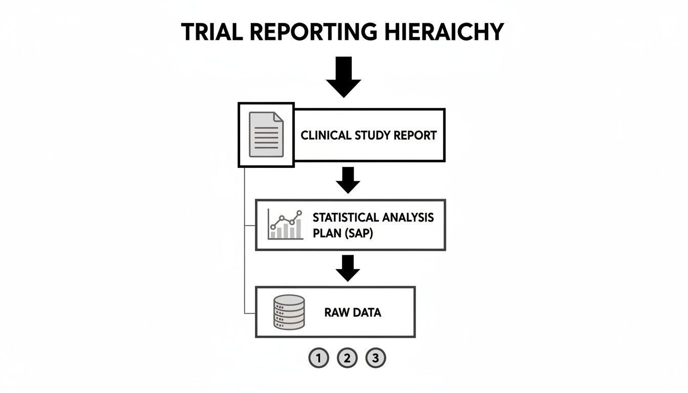 A flowchart depicting the trial reporting hierarchy from Clinical Study Report, to Statistical Analysis Plan, to Raw Data.