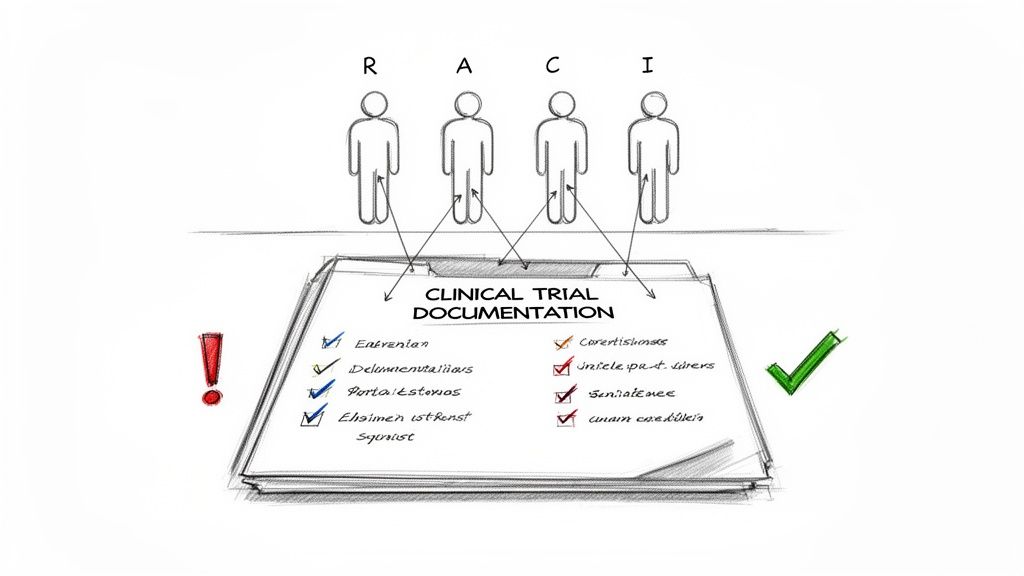 RACI model illustrating roles and responsibilities for clinical trial documentation tasks, showing checks and errors.