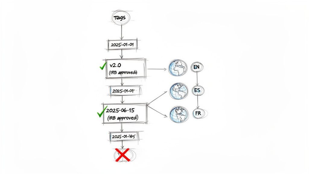 Flowchart illustrating informed consent document versioning, IRB approvals, and language translation process.