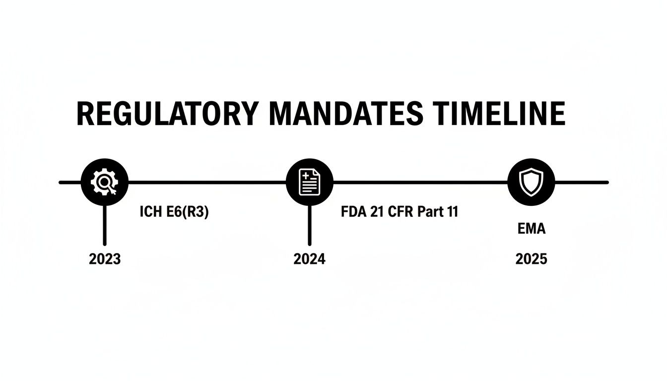 Timeline showing regulatory mandates: ICH E6(R3) 2023, FDA 21 CFR Part 11 2024, and EMA 2025.