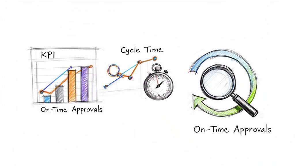 Sketches illustrating KPIs, cycle time measurement, and on-time approvals process monitoring.