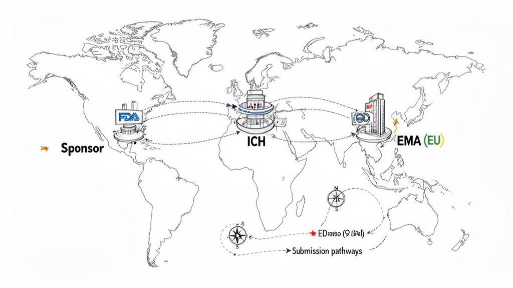 Global map illustrating pharmaceutical regulatory submission pathways involving Sponsor, FDA, ICH, and EMA (EU).