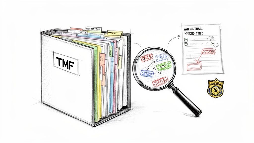 An illustration of a TMF binder, magnifying glass revealing document stamps and dates, a checklist, and an inspection badge.