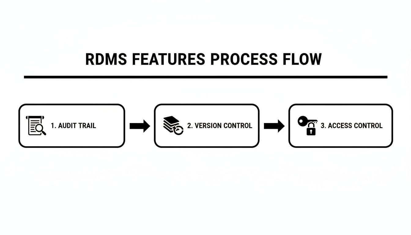 A process flow diagram illustrating key RDMS features: Audit Trail, Version Control, and Access Control.