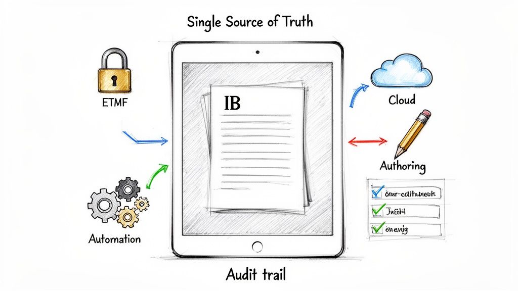 Illustration of a digital document (IB) as a single source of truth on a tablet, with ETMF, automation, cloud, and authoring.