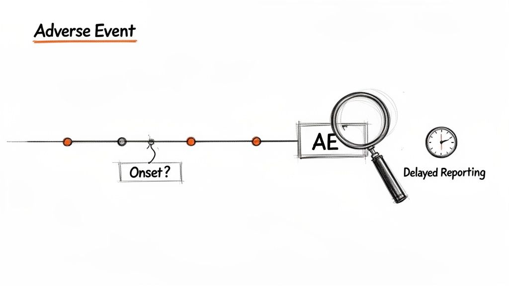 A diagram illustrating an Adverse Event timeline, highlighting uncertain onset and delayed reporting via a magnifying glass and clock.