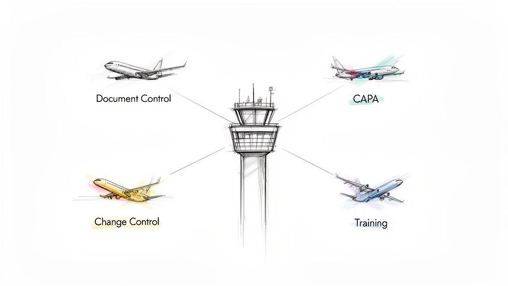 An air traffic control tower centralizes document control, CAPA, change control, and training for quality management.