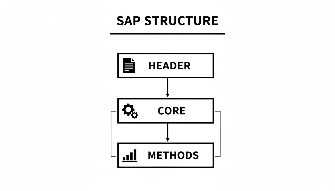 A black and white diagram outlines the SAP structure: Header, Core, and Methods, showing a top-down flow and a feedback loop.