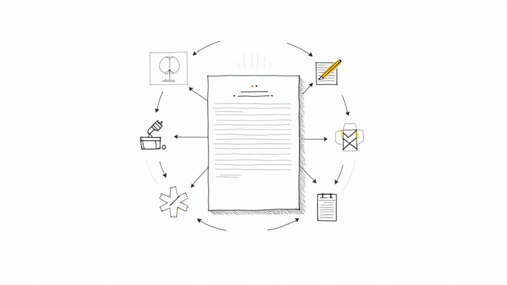 A diagram depicting a central document surrounded by icons representing a circular workflow process like writing, printing, and input.