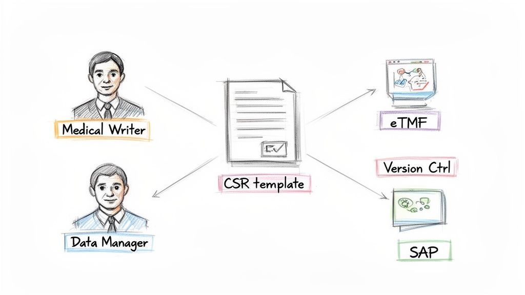 Diagram showing a CSR template interacting with medical writers, data managers, eTMF, version control, and SAP.
