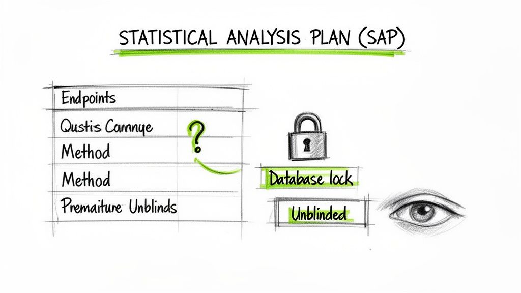 A diagram illustrating a Statistical Analysis Plan (SAP) with details on endpoints, methods, database lock, and unblinding.
