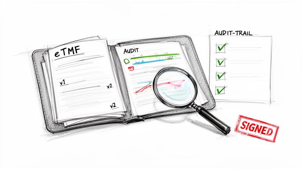 Illustration of an eTMF audit, showing versions, a checklist with green ticks, and a 'SIGNED' stamp.